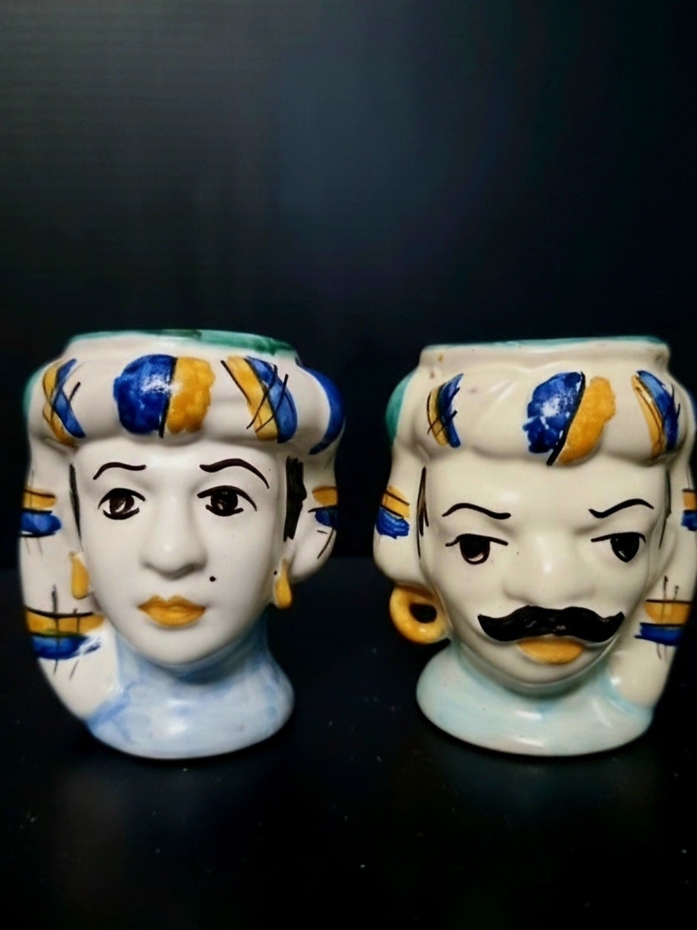 Handmade Sicilian Moorish Head (Testa di Moro) ceramic vasesCaltagirone, Italy.